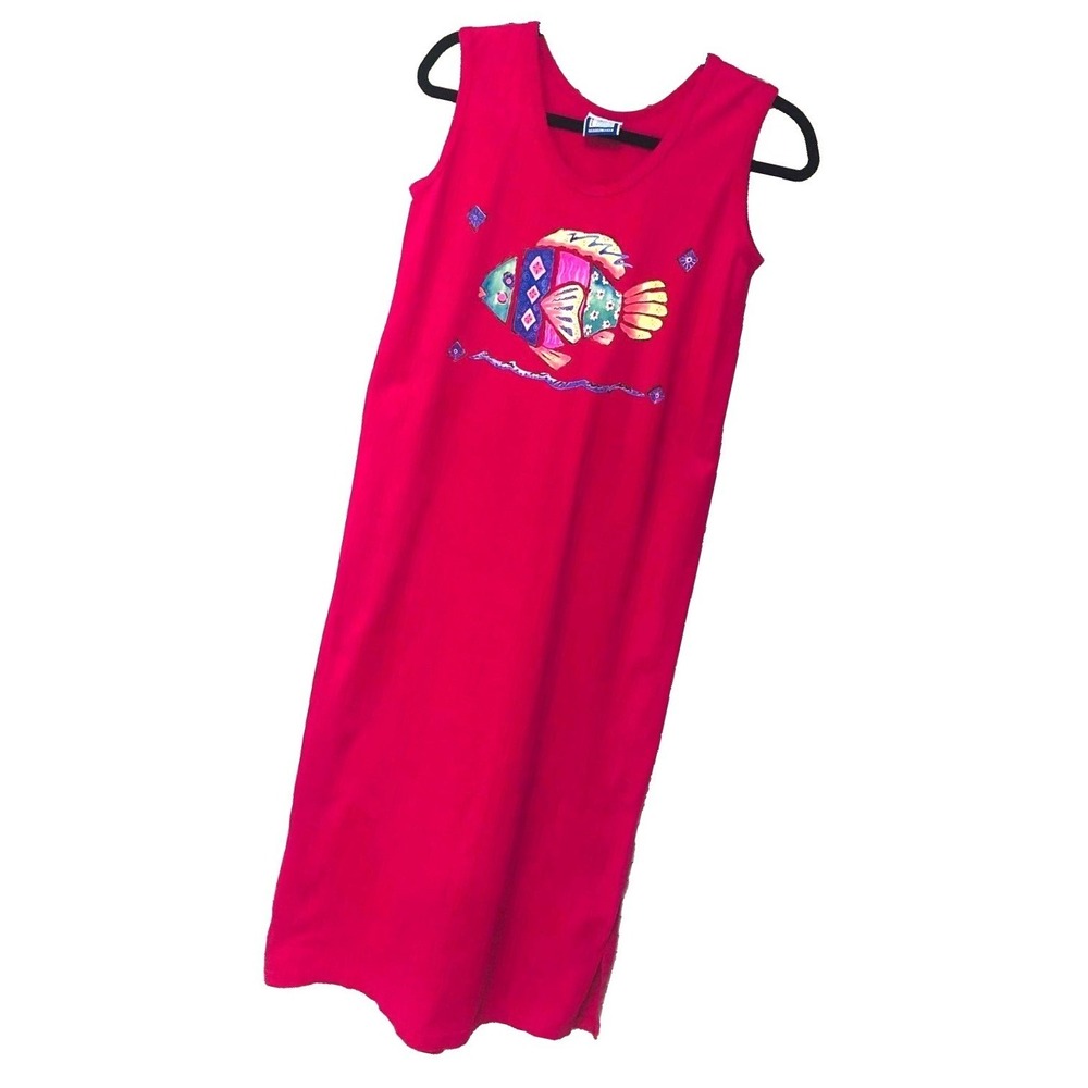 Y2K Bay‎ Studio Maxi Tank Dress VTG Beach Playful Diva Fish USA Coastal Womens S